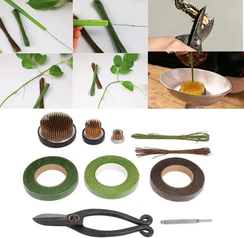 Miniatura 6 de Oumefar Arreglo floral Decoración Fijación Herramienta Set Flor Kenzan Hierro Alambre Tijera Ikebana Kenzan Japonés Flor Titular Cinta Kenzan
