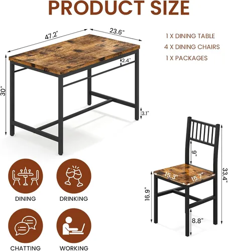 Miniatura 5 de Lamerge Juego de mesas de cocina para 4, juego de mesa de comedor rectangular con 4 sillas de respaldo, juego de mesa de comedor de 5 piezas