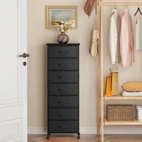 Miniatura 6 de Fixwal Cómoda negra alta y delgada para dormitorio, organizador de almacenamiento estrecho con 7 cajones de tela, muebles de mesita de noche