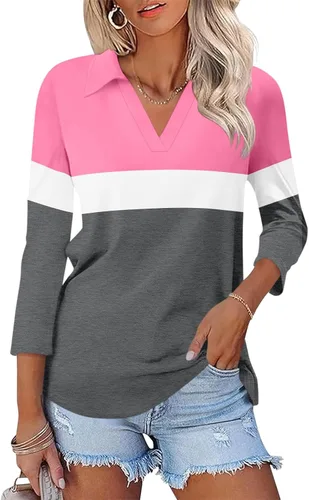 Miniatura 27 de TICTICMISS - Camisas polo de cuello en V para mujer, manga 3/4, con cuello, tops casuales de negocios, tops de verano a la moda, holgados