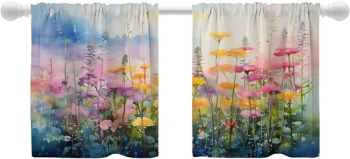 Miniatura 109 de Shrahala Floral Abstract Design Blackout Curtain Tiers, Minimalist Flower Illustration Kitchen Valance Light Blocking Tier Drapes with Rod Pocket, 2