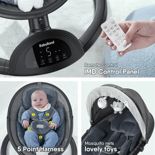 Miniatura 7 de Columpio para bebés BabyBond para bebés, columpio Bluetooth con altavoz de música, 3 posiciones de asiento, cinturón de arnés de 5 puntos, 5