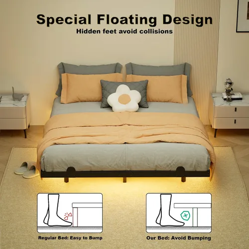 Miniatura 6 de LUKIROYAL Marco de cama flotante con luces LED inteligentes y estación de carga, marco de cama flotante de tamaño completo de 7 pulgadas con luces
