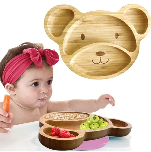 Miniatura 9 de Platos de bambú para niños - Platos para bebés y niños pequeños con succión para alimentación y destete, diseño de oso ecológico que promueve