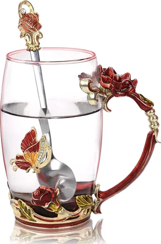 Miniatura 6 de Taza de Té Esmaltada de Camping de Verano, Taza de Café con Juego de Cuchara de Vidrio Transparente Hecho a Mano con Esmalte de Mariposa y Flores