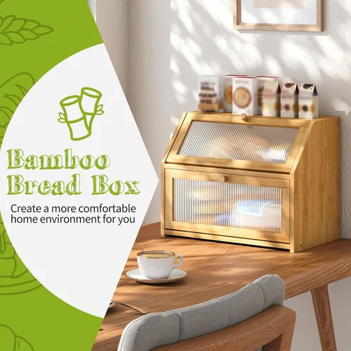 Miniatura 2 de BMOSU Panera grande para encimera de cocina, panera de doble capa para encimera de cocina, panera de madera de bambú con capacidad de almacenamiento