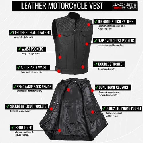Miniatura 9 de Jackets 4 Bikes SOA Chaleco de Motocicleta para Hombre, Cuero Genuino de Búfalo, Armadura Trasera, Bolsillos Interiores, Chalecos de Club de Negro