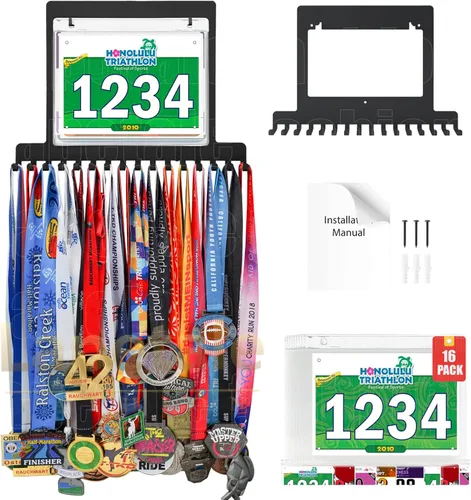 Miniatura 18 de Colgador de medallas para carreras, exhibición de medallas de maratón y colgador de medallas para corredores, exhibición de medallas con dorsal