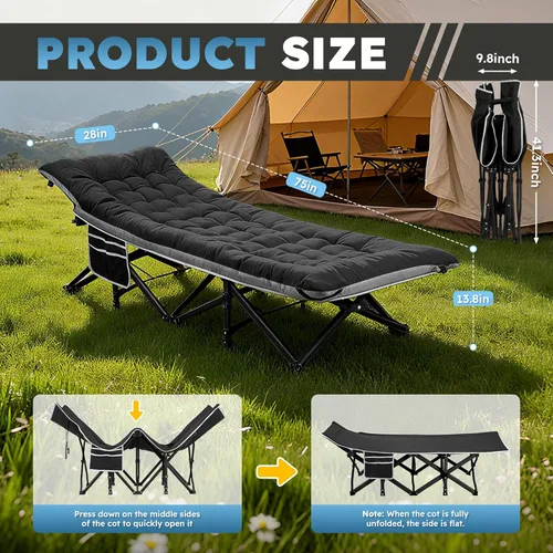 Miniatura 6 de HABUTWAY Catre de campamento, catre portátil para adultos, catre para dormir de 28 pulgadas de ancho, carga máxima de 600 libras con colchón grueso