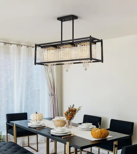 Miniatura 9 de MEIXISUE Candelabros modernos de cristal K9 RGB LED Rectango, lámparas de araña para comedor, sala de estar, cocina, isla de 33.86 pulgadas de largo