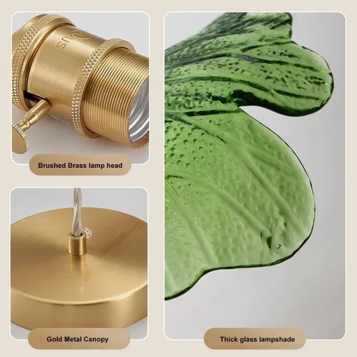 Miniatura 5 de Lámpara colgante colgante de 1 luz, lámparas colgantes de latón dorado, pantalla de vidrio de flores verdes, iluminación colgante moderna