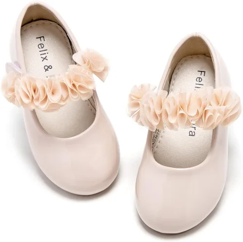Felix & Flora - Zapatos bajos de vestir con flores para niña pequeña, tipo balerina, para fiesta, escuela y boda