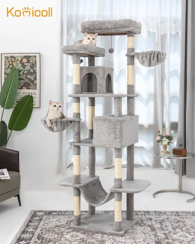 Miniatura 5 de Árbol para gatos, torre para gatos de 81 pulgadas de alto con poste rascador, condominio de felpa para gatos de varios niveles con 2 perchas, 2 Gris