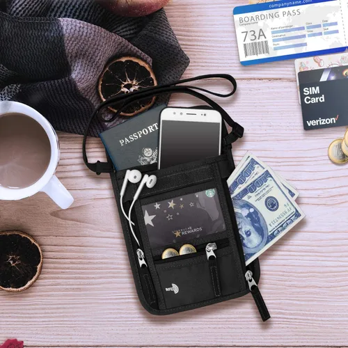 Miniatura 7 de WALNEW Soporte para pasaporte para el cuello cartera de viaje con bloqueo RFID 7 bolsillos con correa ajustable para el cuello para mantener tu