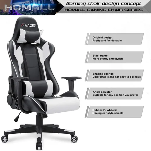 Miniatura 4 de Homall - Silla ejecutiva con respaldo alto, de piel sintética, ergonómica, ajustable y giratoria con soporte lumbar y reposacabezas para juego