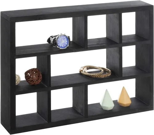 Miniatura 6 de MyGift Caja de sombra vintage de madera maciza con 9 compartimentos, vitrina de curiosidad para montar en la pared, estante independiente o flotante