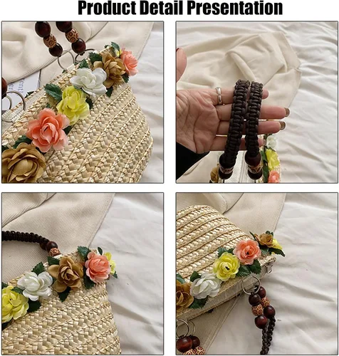 Miniatura 2 de Helenbra Bolso de mano de paja de flores para mujer, bolso de hombro con asa trenzada retro de verano, bolso de hombro bohemio para playa y viaje