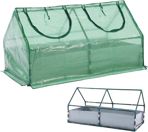 Miniatura 12 de Aoodor Kit de invernadero elevado de 4 pies x 2 pies x 1 pie con cama metálica elevada con 2 puertas enrollables con cremallera, para verduras, Verde