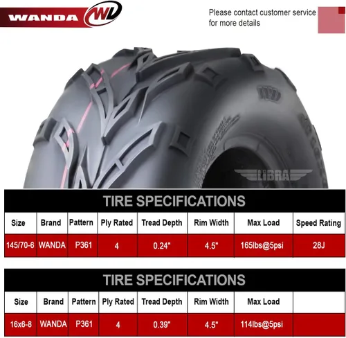 Miniatura 3 de Juego de 4 neumáticos WANDA para Go Kart 145/70-6 145x70x6 delanteros y 16x6-8 16x6x8 traseros P361