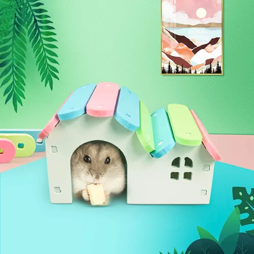 Miniatura 6 de Casa de hámsteres enanos DIY Escondite de jerbos de madera arco iris puente columpio y balancín de PVC, adecuado para hábitat de animales pequeños