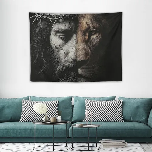Miniatura 3 de JYOUQOC Tapiz de Jesús y el León para decoración de pared, arte de pared grande, telón de fondo para colgar para dormitorio, sala de estar