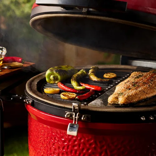 Miniatura 6 de Kamado Joe Rejilla de cocción duradera de hierro fundido de media luna con elevador de parrilla para parrilla clásica Joe de 18 pulgadas