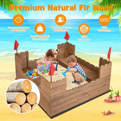Miniatura 7 de Costzon Caja de arena para niños, pozo de arena de madera de cedro de 45 x 45 pulgadas con asientos de banco integrados, cajas de almacenamiento