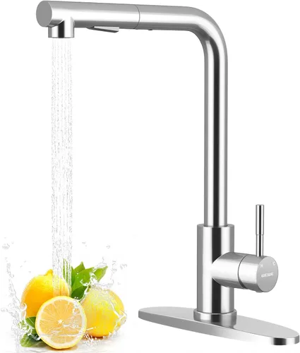 Miniatura 11 de WEWE Grifo de Fregadero de Cocina, Grifo de Cocina Extraíble, Grifo de Cocina Negro y Cromado con Rociador de Acero Inoxidable de Una Sola Manija