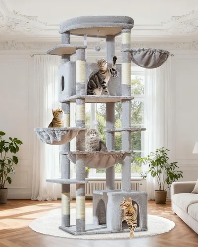 Taoqimiao Árbol para Gatos de 183 cm, Torre XXL para Gatos de Interior Grandes Adultos +25 kg, Plataforma Extra Grande, 2 Casas para Gatos, 7 Postes