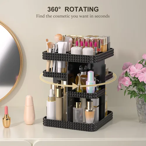 Miniatura 6 de Organizador de maquillaje giratorio con soporte para brochas de maquillaje, organizador de perfumes de gran capacidad para encimera de tocador, Negro