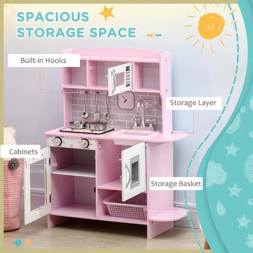 Miniatura 6 de Qaba Juego de juguetes de cocina para niños con diseño realista, luces de estufa, almacenamiento, dispensador de agua, para niños de 3 a 6 años