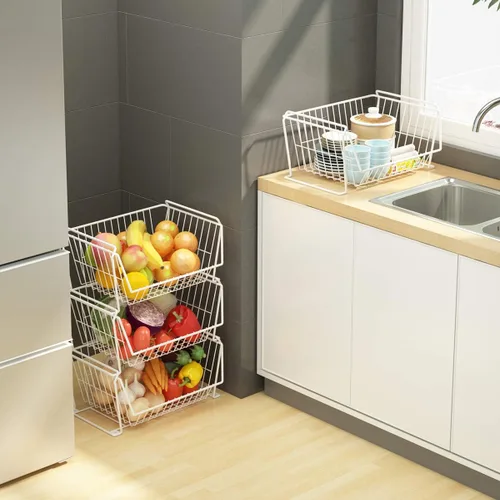 Miniatura 8 de PUSDON Carritos de almacenamiento de metal apilables, estante de doble uso para cocina, cestas de frutas y verduras con ruedas, estante de Blanco