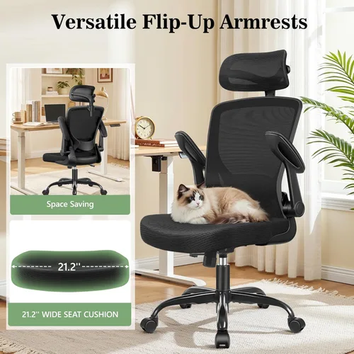 Miniatura 8 de BESTFAIR Silla de oficina ergonómica, sillas de oficina de malla transpirable con soporte lumbar ajustable, brazos abatibles, silla de escritorio