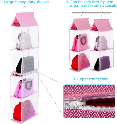 Miniatura 4 de KEEPJOY Organizador de bolso para armario, organizador de bolso colgante con 4 estantes de malla de alta resistencia (rosa)