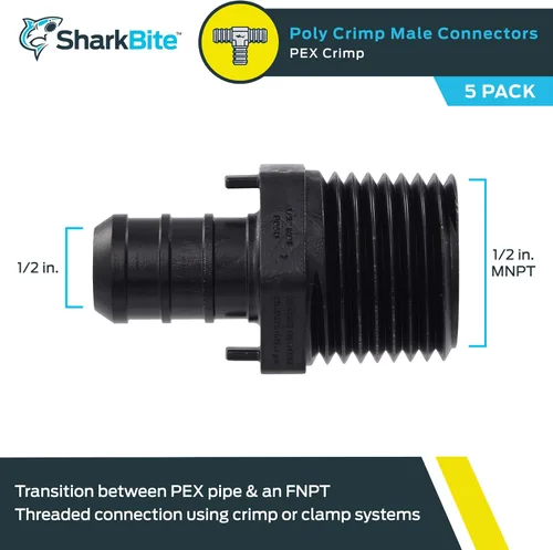Miniatura 2 de SharkBite Adaptador de crimpado de polietileno MNPT de 1/2 x 1/2 pulgada, paquete de 5, tubo PEX, PE-RT, UP120A5