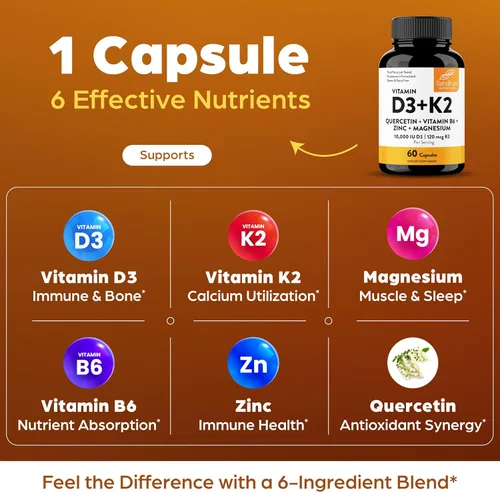 Miniatura 4 de Sandhu's Vitamina D3 K2 Magnesio 10000 IU, 120mcg K2 Cápsulas 60 unidades (paquete de 1) con VIT B6, zinc y quercetina D3K2 apoya la absorción