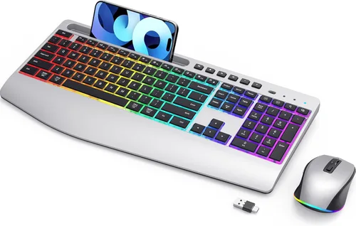 Miniatura 8 de Combinación ergonómica de teclado y mouse inalámbricos, LIZRROT 2.4 GHz, silencioso, de longitud completa, soporte de muñeca, soporte para teléfono