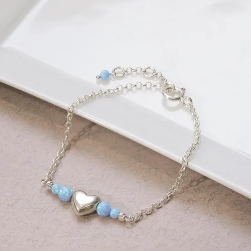 Miniatura 4 de 925 Sterling Silver Gemstone Bracelet - 3mm Gemstone Round Beads with Heart Silver Charm - 16-18cm Length - Gemstone Jewelry for Women - Perfect for