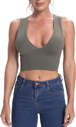 Venbond - Ombliguera sexy sin mangas y costuras para mujeres, camiseta estriada sin mangas, escote profundo y cuello en V, con almohadillas