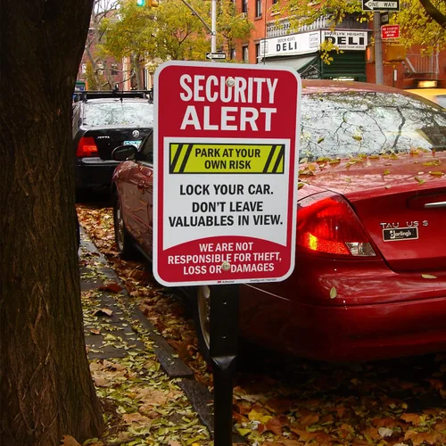 Miniatura 3 de SmartSign Letrero de metal con texto en inglés "Security Alert - Park At Your Own Risk, Lock Your Car, Not Responsible", aluminio de 63 mil, Letrero