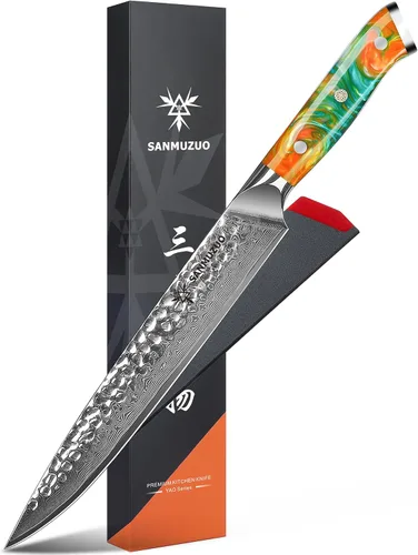 Miniatura 12 de Cuchillo Santoku de 7" - Cuchillo de chef japonés - Acero de Damasco martillado y mango de resina - Serie YAO