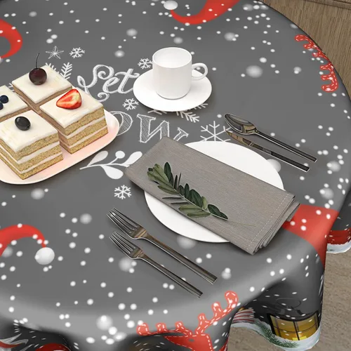 Miniatura 5 de Giwawa Mantel redondo de gnomo de invierno, mantel reutilizable de elfo de Navidad, 60 pulgadas, diseño de copo de nieve, alce, resistente al calor