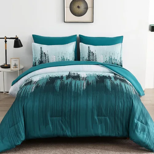 Miniatura 16 de WONGS BEDDING Juego de edredón Queen, Aqua 7 piezas cama en una bolsa arte abstracto colorido degradado juego de ropa de cama de microfibra, 1