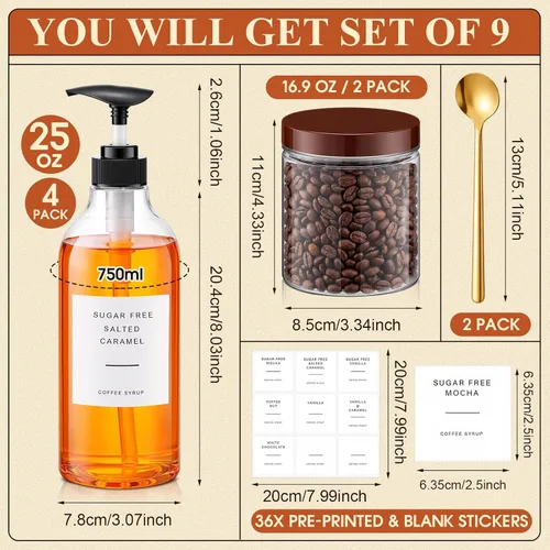 Miniatura 2 de Juego de 9 dispensadores de jarabe de café de 25.4 onzas / 25.4 fl oz, dispensador de jarabe de café de plástico, botella dispensadora de botella