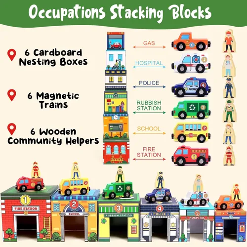 Miniatura 3 de Atoylink - Juguetes de clasificación y apilamiento para niños pequeños con autos magnéticos de madera y ayudantes comunitarios, bloques de números