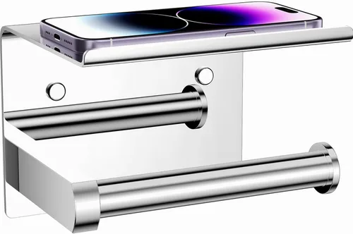 Tindbea Soporte de papel higiénico con estante para teléfono, soporte de pared adhesivo o con tornillos para rollo de papel higiénico, dispensador