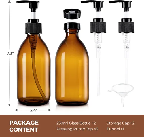 Miniatura 7 de Botella de bomba de vidrio ámbar de 8 onzas, botella dispensadora de jabón de vidrio de 8.5 fl oz para aceite de masaje de loción corporal