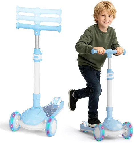 Miniatura 10 de Patinete para niños con ruedas iluminadas LED y 3 alturas ajustables, inclinación para dirigir y ampliar la cubierta antideslizante, scooter de 3