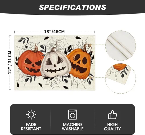Miniatura 5 de Artoid Mode Juego de 4 manteles individuales de tela de araña de calabazas de Halloween, 12 x 18 pulgadas, manteles individuales de otoño