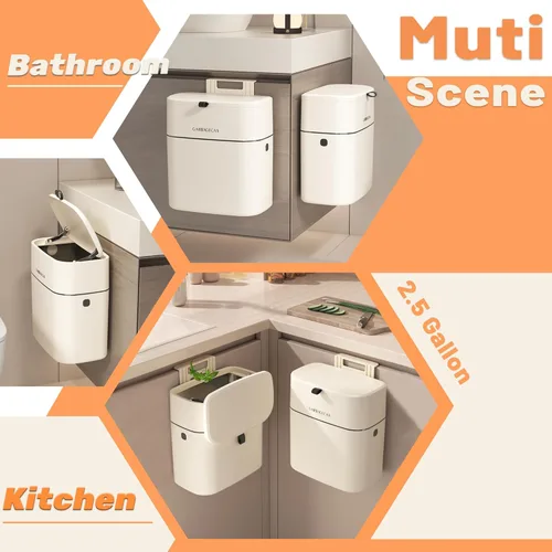 Miniatura 6 de Cubo de basura de compost de 2.5 galones para cocina, encimera, pequeño bote de basura colgante con tapa, papelera de compostaje color blanco hueso